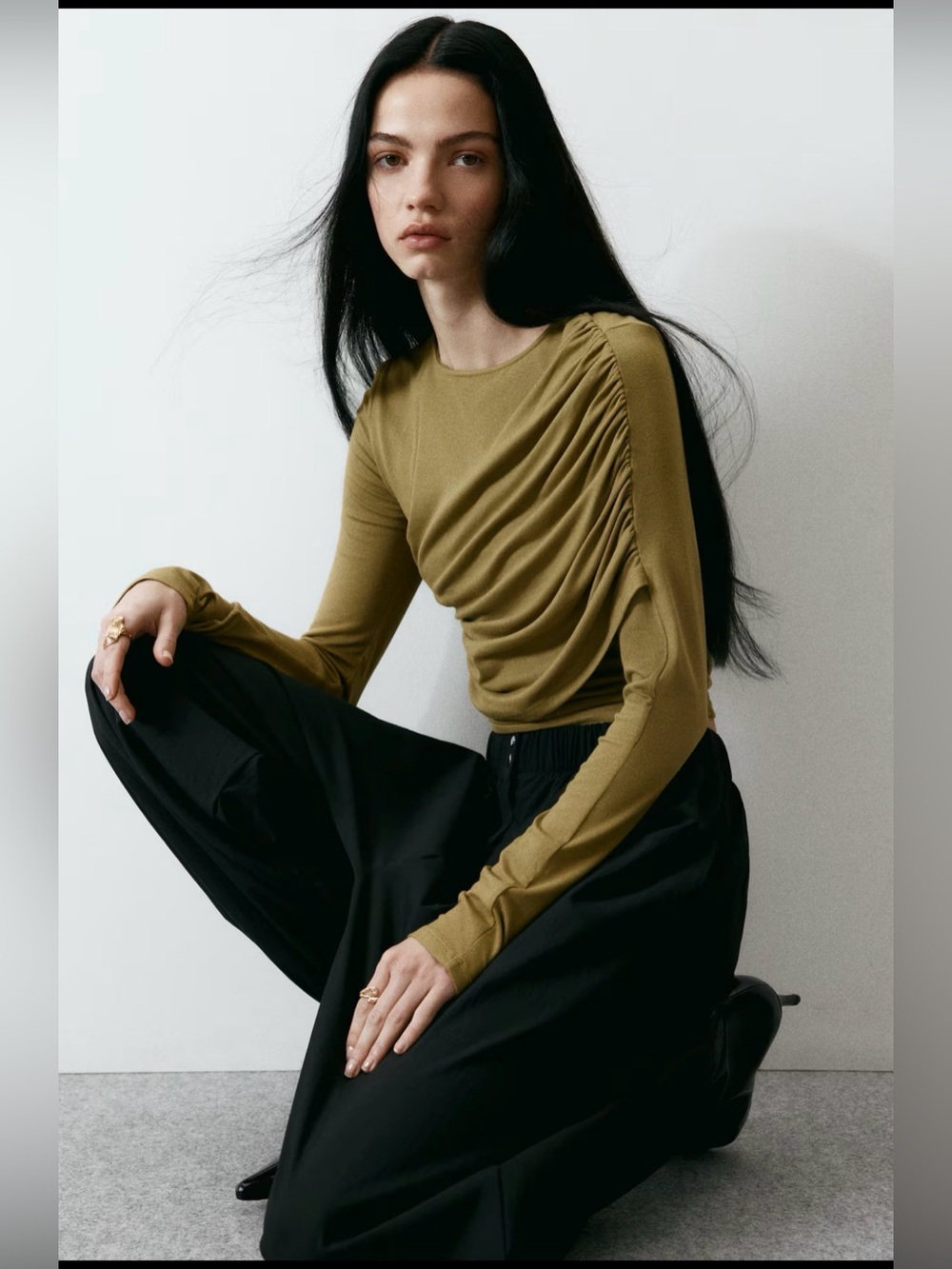 H&M Olive Draped Long Sleeve Top